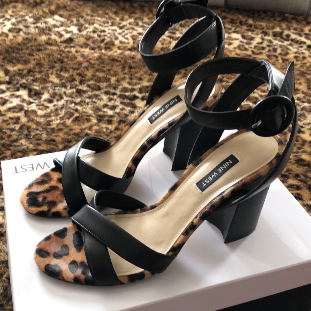 Nine West Leopard + Black Heels – Size 8, Crisscross Straps, Block Heel